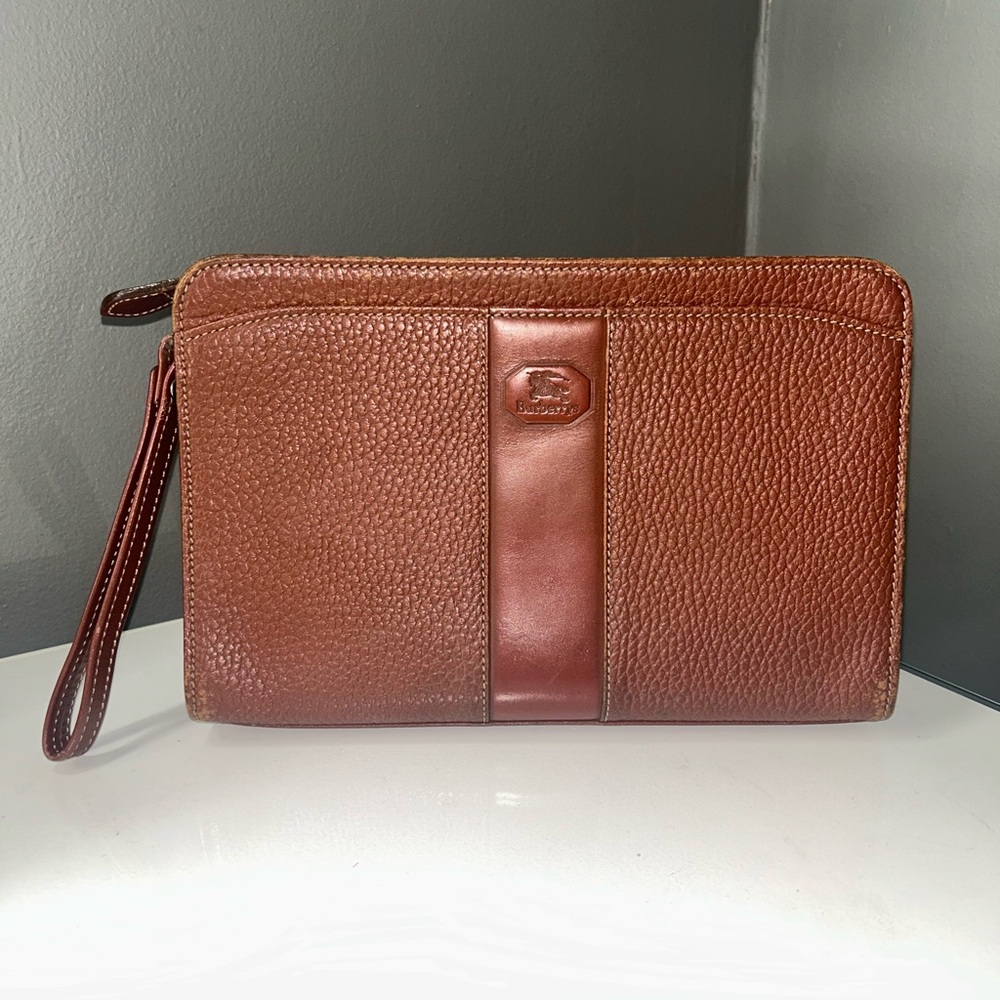 Vintage Burberry Brown Leather Clutch Bag w Nova Check Interior